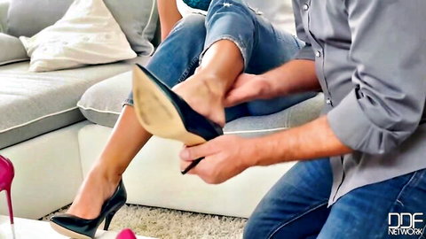 Sensual Jane milf foot play with neighbor in high heels and jeans