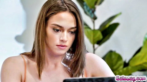 Brunette Sophia in slip looks thoughtful at laptop before Dee eats her out