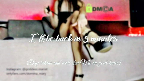 Femdom webcam mistress in black high heels spreads legs commanding buy tokens and kneel on knees
