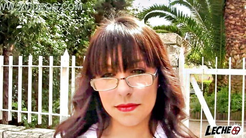 Sexy Spanish brunette with glasses and large butt in white top