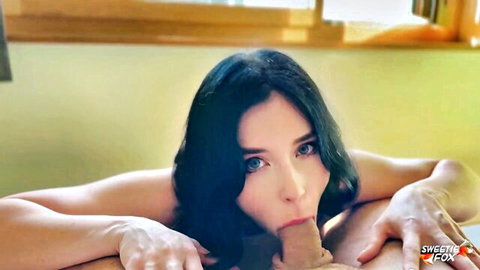 Sweetie Fox busty brunette giving juicy blowjob, hairy pussy tease