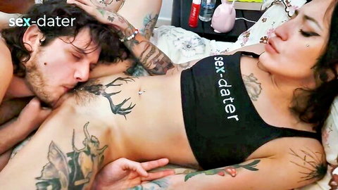 Tattooed Latina woman enjoyed by bearded man: pussy licking to squirting, riding orgasm