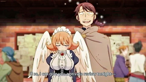 Winged anime maid in frilly dress with older man in suggestive embrace, Ishuzoku Reviewers Ep.1