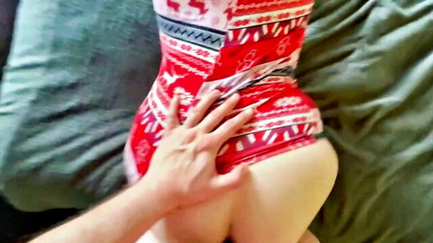 Redhead with big ass in Christmas bodysuit, grabbed from behind in doggy pose