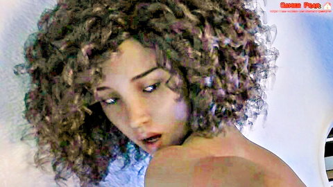 3D animated curly-haired ebony babe in seductive bedroom pose