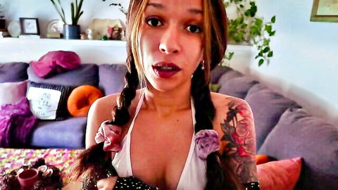 Tattooed stepdaughter in pigtails teases cleavage in Sin Snack daddy roleplay
