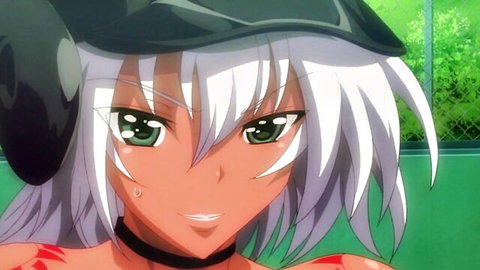 Smiling white-haired anime girl with green eyes and cleavage in red top and black hat
