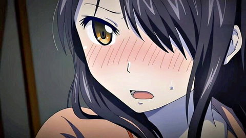 Blushing hentai anime girl with aroused open mouth and tongue out