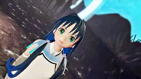 Petite long-haired blue-haired anime girl in white uniform posing on rocky mountain under moonlight