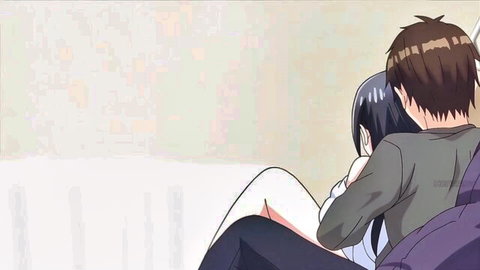 Anime guy hugs black-haired hentai girl from behind on couch showing white panties