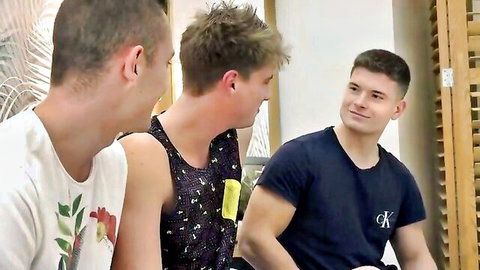 Three young muscular jocks in casual tank tops for hardcore threesome