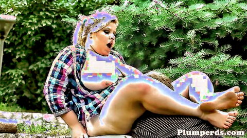 BBW with huge tits exposes massive breasts and spreads thick thighs outdoors in open plaid shirt