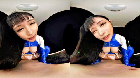 VR POV of Asian woman with pigtails squatting exposed in open jacket and boots