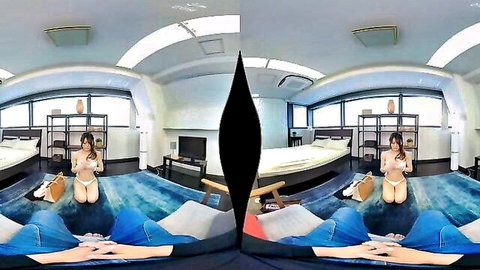 Asian nude girl kneeling seductively in VR porn bedroom