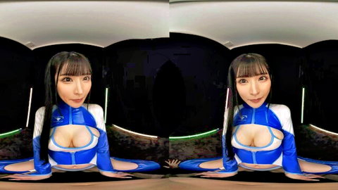Asian vixen in shiny blue bodysuit, teasing cleavage in VR fisheye pose
