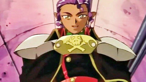 Anime elf girl with purple ponytails smirking in sexy black skull uniform