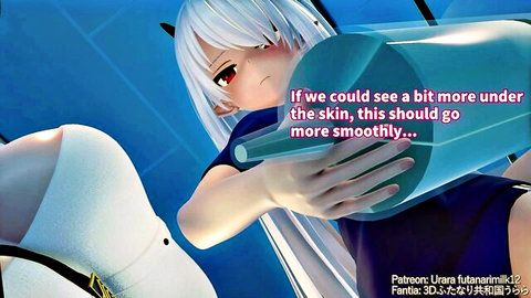 Anime futanari girl with white hair in school uniform during embarrassing medical checkup