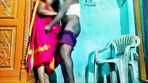 Sexy Indian aunty in red saree fucked standing by lover