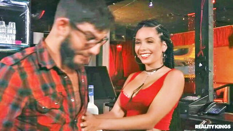 Aaliyah Hadid in red dress flirting with man, sexy bar encounter thumbnail