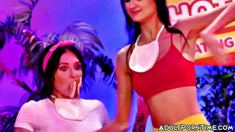 Eliza Ibarra shocked with cum on face as Alexis Tae smiles in lesbian threesome