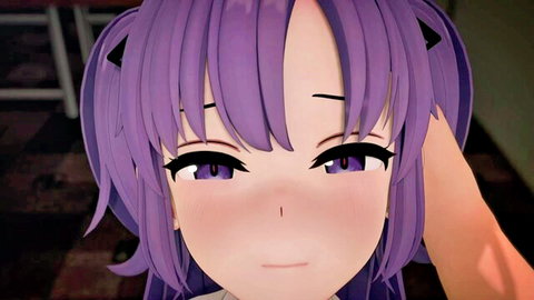 Anime girl Yuuka close-up blowjob, purple hair cat ears blush