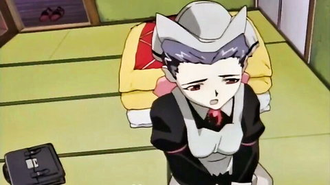 Hentai maid in sexy black uniform kneels submissively with cleavage