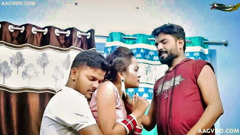 Desi woman hugged by man in threesome setup with another guy