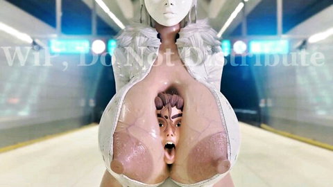 Surreal horror vore scene with woman's exposed body trapping man's face in vagina, massive cleavage