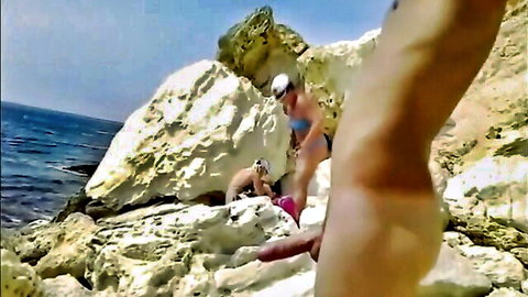 Women in bikinis at public beach orgy, explicit outdoor group sex
