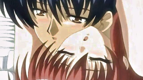 Anime hentai couple in romantic close-up embrace with intense gazes and tender kiss
