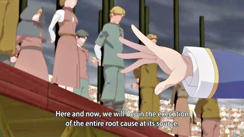 Anime fantasy execution scene with soldiers and pointing hand in dramatic pose