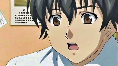 Surprised anime schoolboy with wide eyes and open mouth in classroom hentai scene
