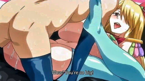 Blonde hentai girl in blue gloves strokes massive throbbing cock, fat ass spread with juices dripping