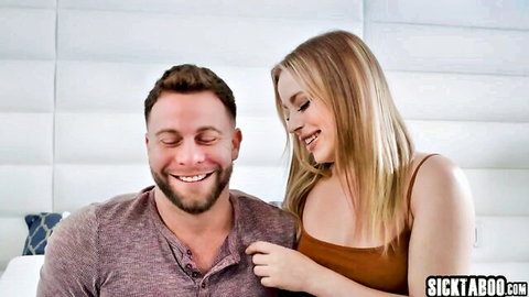 Blonde curvy crush in tank top smiles at bearded guy