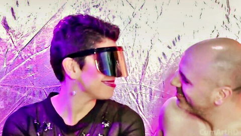 Woman in shades smiling intimately with bald man in cumplay compilation