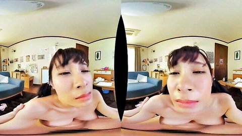 Stunning Asian beauty with pigtails topless in hot VR pose
