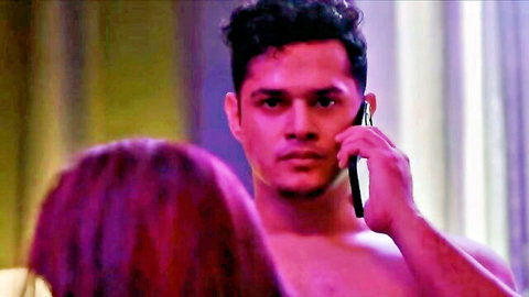 Shirtless Franki Russell on phone in erotic scene with Andrea Garcia, Pabuya 2022