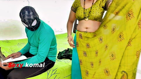 Sexy Komal in hot yellow saree teases Spider-Man masked man on bed