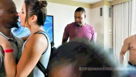 White woman in interracial BBC group sex preview with black men