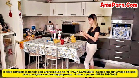 Frustrated MILF in tight outfit poses in kitchen before taboo family fun