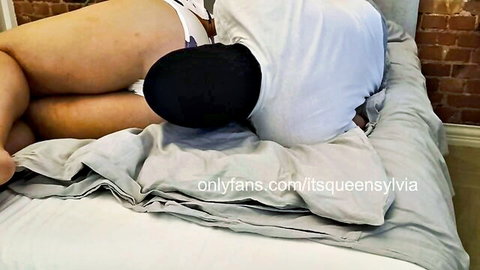 MILF Queen Sylvia tummy face farts on man in white romper PJs