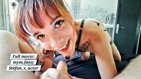 Hot trans redhead in lingerie gives blowjob to colleague