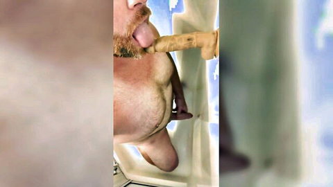 Bearded solo male Jetsfan1983 sucking wall-mounted dildo