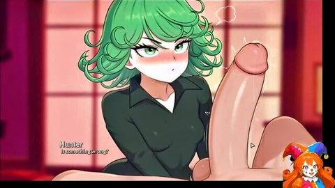 Anime green-haired office girl in blouse stroking huge erect cock