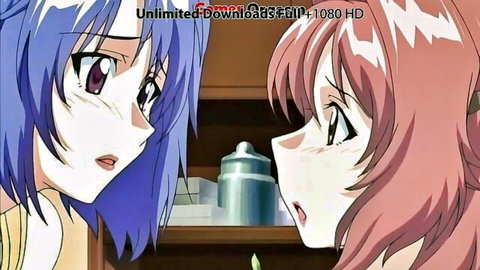 Anime stepsisters with purple and red hair in surprised close-up