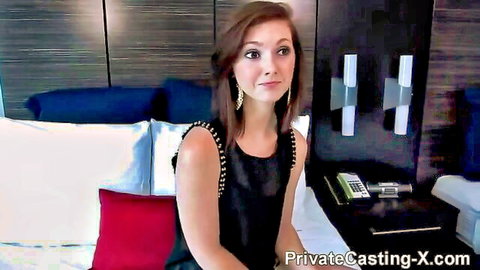 Brunette teen in black studded top for private casting blowjob and doggy