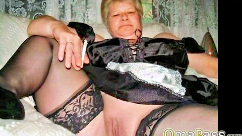 Blonde granny in black lingerie and stockings, smoking while exposing bushy pussy, homemade mature porn