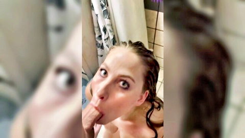 Blonde amateur in shower puckering lips after huge facial from boyfriend's friend