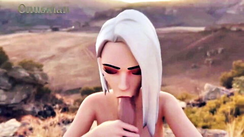 3D CGI white-haired girl with red eyes sucking thick brown cock outdoors in desert