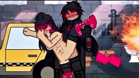 Animated Skibidi porn: Purple-haired girl in leather harness embraced by muscular guy from behind